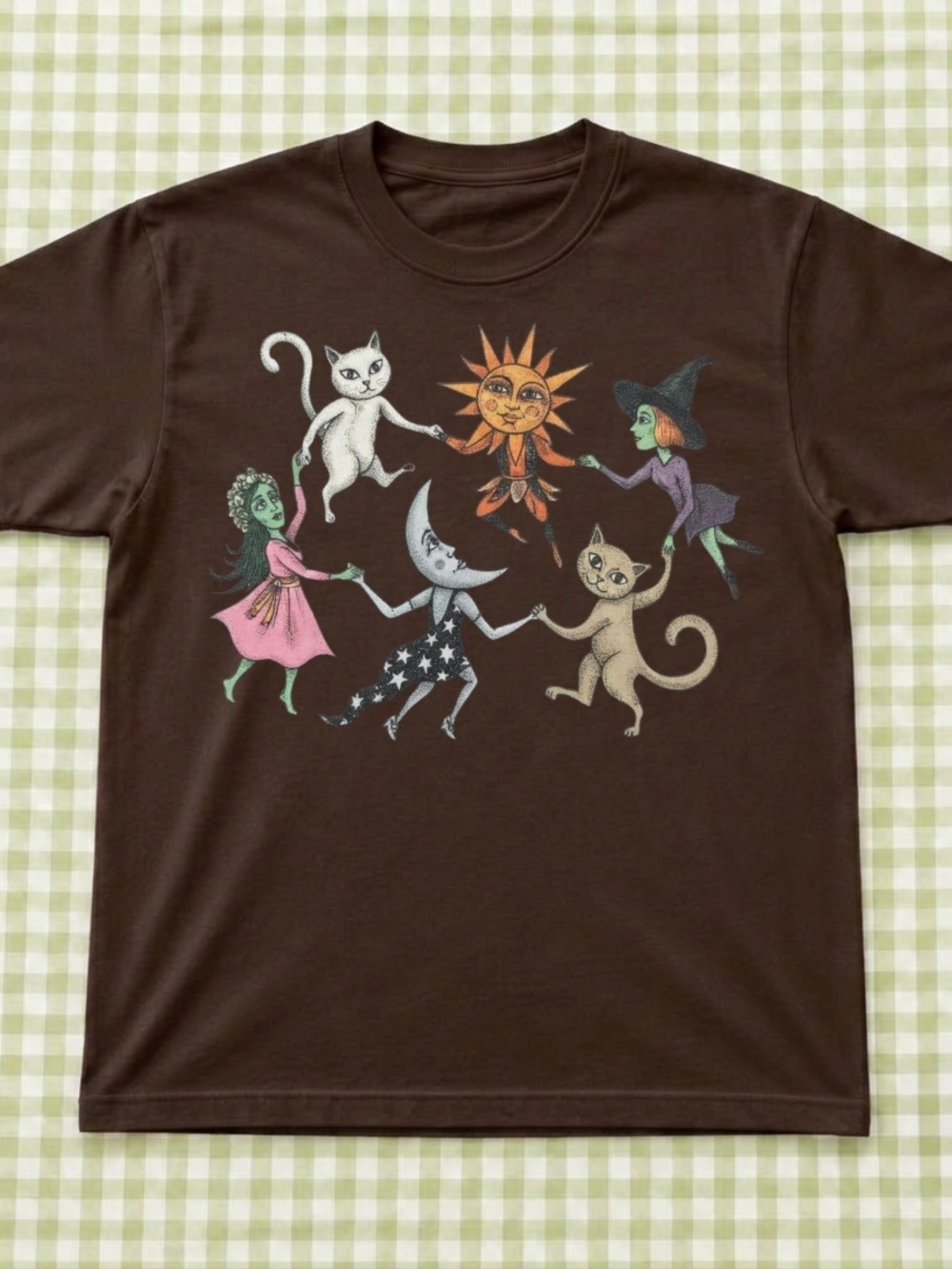 Gildan Brown Graphic Tee with Celestial Cat & Witch Figures